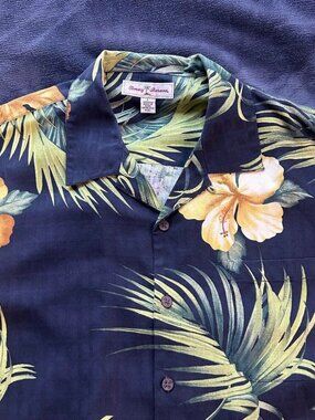 Tommy Bahama Silk Hawaiian Shirt L Black Yellow Floral Short Sleeve